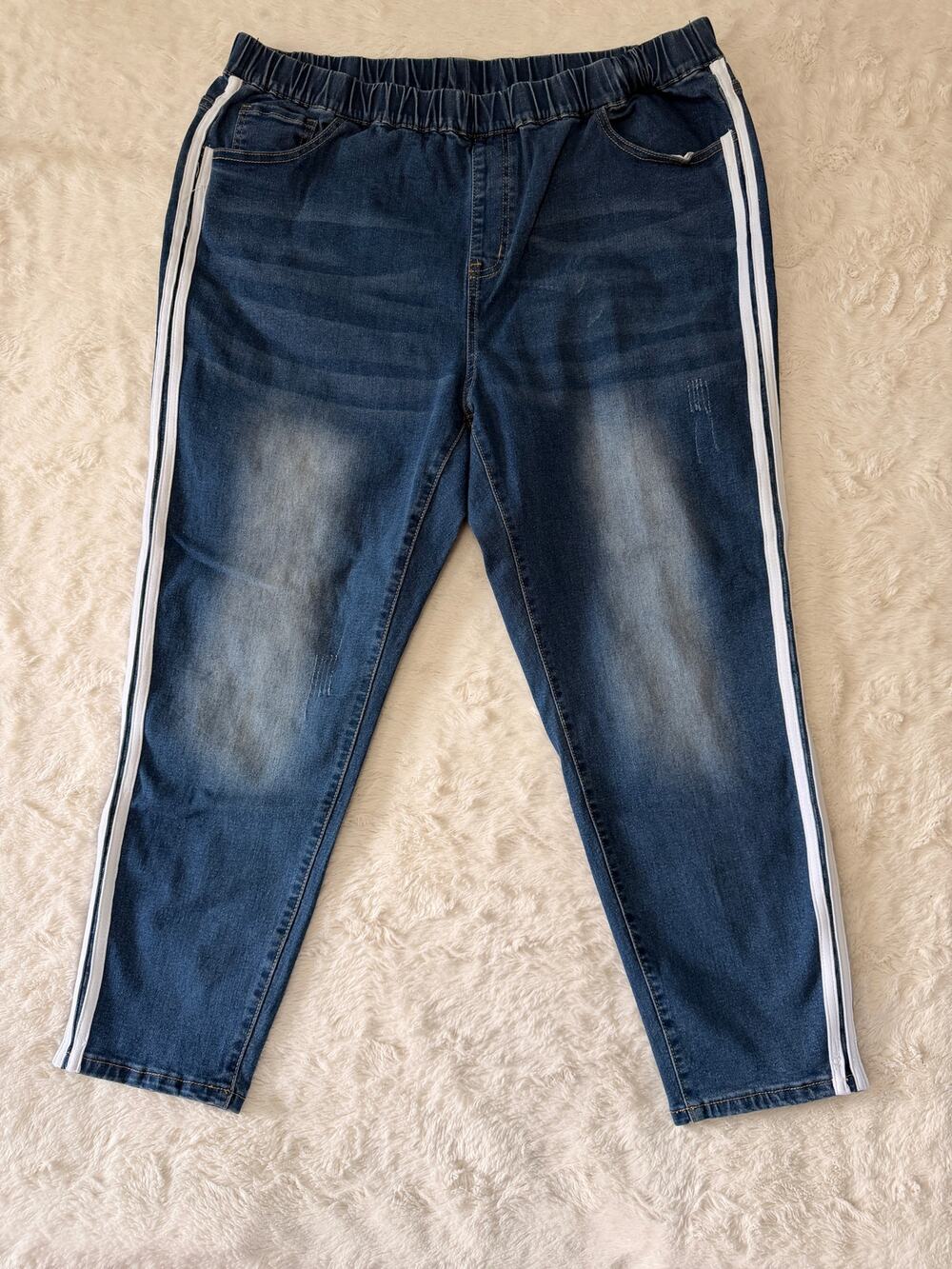 SHEIN Curve Blue Side Stripe Elastic Waist Jeans Womens 3XL Ankle Denim Jegging